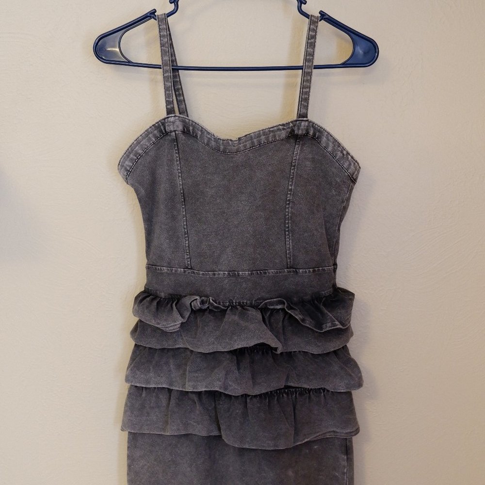 Black Acid Wash Denim Ruffle Dress